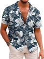 Close-up of short-sleeved Hawaiian shirt featuring white floral prints on navy blue fabric - M / Tops / Dark Blue Large Floral Style (QCST2029)
