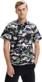 Detail of tropical Hawaiian shirt featuring pink flamingos and green palm leaves - M / Tops / Flamingo Tropical Style (QCST2030)