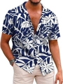Detail of navy blue Hawaiian shirt featuring white floral prints and button-down collar - M / Tops / Dark Blue White Large Floral Texture Style (QCST2031)
