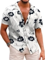 Detail of men's summer shirt featuring black floral print on white cotton-linen fabric - M / Tops / White Black Large Floral Style (QCST2032)