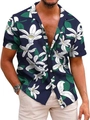 Detail of navy blue Hawaiian shirt featuring white lily prints and wooden buttons - M / Tops / Navy White Lily Style (QCST2033)