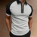 Men's short sleeve polo shirt with half-zipper and contrast raglan sleeves in beige - S / Off-white Color Block Patchwork Style (1)