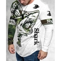 White long-sleeve crewneck T-shirt with camouflage shark print and text details - S / Tops / White Camo Shark Style