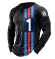 Men's retro black long sleeve T-shirt with blue and red racing stripes and number 1 print - S / Tops / Racing Stripe Number 1 Style