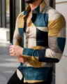Men's slim fit long sleeve shirt with vintage blue and yellow geometric print design - HJ19