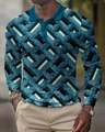 Detailed view of long sleeve polo shirt featuring 3D geometric blue and green prints - S / Tops / Deep Blue Cyan Black Square (PLC-19)