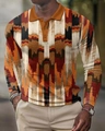 Detail of men's polo shirt featuring geometric 3D print with orange and brown patterns - S / Tops / Orange Red Brown White Geometric (PLC-20)