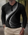 Detail of waffle knit fabric and 3D geometric print on black long sleeve polo shirt - S / Tops / Black Grey White Streamline (PLC-24)