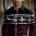 Men's slim long-sleeve shirt in black and burgundy with tribal geometric patterns - S / Tops / Black & Purple Ethnic Print (A-141-21)