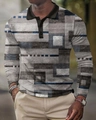 Close-up of polo shirt featuring blue geometric 3D prints and a classic buttoned collar - S / Tops / Grey Blue Black Geometric Abstract (PLC-27)