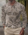 Detail of 3D geometric abstract pattern on long sleeve polo shirt with khaki collar - S / Tops / Yellow Black Abstract Geometric (PLC-30)