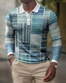 Detail of blue and grey checkered 3D print polo shirt with white contrast collar - S / Tops / Retro Blue Plaid (PLC-35)