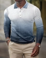 Detail of men's polo shirt featuring blue gradient 3D print and textured waffle fabric - S / Tops / Blue-Black Gradient (PLC-38)