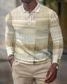 Close-up of beige 3D printed polo shirt showing knit texture and white contrast collar - S / Tops / Beige Geometric Print (PLC-39)