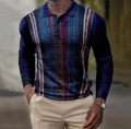 Detailed close-up of 3D printed long-sleeve Polo shirt with vertical knit texture - S / Tops / Deep Blue Colorful Vertical Stripe (PLC-47)