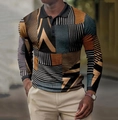 Close-up of geometric pattern on 3D printed long-sleeve polo shirt for men - S / Tops / Black Brown Geometric Splicing (PLC-48)