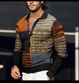 Close-up of 3D printed polo shirt featuring patchwork patterns and knit textures - S / Tops / Orange Black Artistic Patchwork (PLC-49)