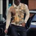 Men's long sleeve Polo shirt featuring geometric patchwork patterns and a contrast collar - S / Tops / Beige Geometric Plaid (PLC-42)