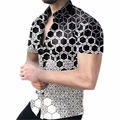 Detail of classic collar and 3D geometric black and white grid print on men's short sleeve shirt - S / Tops / Black White Geometric Grid Style (CSDX-18)
