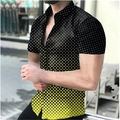 Detail view of mens short sleeve shirt with yellow dots and black lattice 3D print pattern - S / Tops / Yellow Black Polka Grid Patchwork Style (CSDX-20)