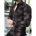 Camicia slim fit uomo a maniche lunghe con stampa a foglie di acero marroni su base scura - 4XL / Marrone Scuro (A-103)