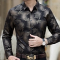 Camicia uomo slim fit con stampa a foglie d'acero dorate su tessuto nero lucido - 4XL / Nero Oro (A-103-2)