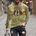 Detail of Route 66 print on olive green long sleeve shirt with American flag on sleeve - 6XL / Tops / Olive Vintage Route 66 Sign (CT-88)