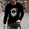 Men's loose long sleeve black T-shirt with white spade and skull graphic print - 6XL / Tops / Black Spades Skull A (CT-73)