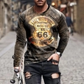 Vintage Route 66 print long sleeve t-shirt with brown acid wash street style finish - 6XL / Tops / Tan Vintage Route 66 (CT-89)