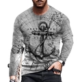 Men's loose long sleeve T-shirt in light grey with vintage nautical map and anchor print - 6XL / Tops / Light Gray Map Anchor (CT-100-1)