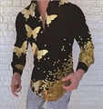 Men's long sleeve casual shirt with black and gold 3D butterfly print and turn down collar. - XS / Tops / HJ21