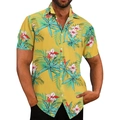 Men's yellow Hawaiian short sleeve shirt featuring tropical palm leaf and flower prints - 3XL / Tops / c10