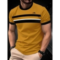 Détail de t-shirt jaune avec rayures noires, logo de montagne et col rond contrasté - 6XL / Gingembre Rayé Montagne(3DL-221)