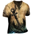 Vintage Henley T-Shirt für Herren mit 3D-Anker-Druck in Bronze und Grünem Farbverlauf - S / Nautischer Anker Stil (7KDT-163)