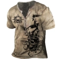 Detail of vintage pirate print on brown Henley shirt with V-neck button closure - S / Pirate Legend Style (7KDT-170)