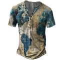 Detail of vintage world map print on men's short sleeve Henley shirt with three buttons - S / Light World Map Style (NKDT-246)
