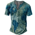 Detailed view of the vintage world map print and 3-button neckline on the Henley shirt - S / Dark Blue World Map Style (NKDT-241)