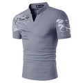 Herren Poloshirt in Grau mit 3D-Digitaldruck, V-Ausschnitt und floralen Grafiken - S / Grau