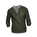 Men's olive green long sleeve henley shirt with vintage washed fabric and button neck - S / Dark Green