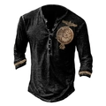 Men's black long sleeve Henley shirt with gold Viking raven print and vintage wash texture - S / Black (Viking Print)