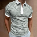 Polo da uomo grigio-verde con stampa geometrica 3D, colletto bianco e mezza zip - S / Stile a Rombi Grigio Verde (PSLL-158)