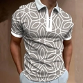 Polo da uomo con stampa floreale geometrica grigia, colletto bianco e cerniera lampo - S / Stile Geometrico a Trifoglio Grigio Bianco (PSLL-161)
