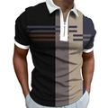 Men's 3D geometric patchwork polo shirt with white collar and silver zipper - S / Black Gray Coffee Colorblock Geometric (PSLL163)