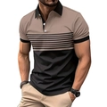 Detail view of men's polo shirt featuring khaki and black color-block with stripe patterns - S / Tops / Khaki Patchwork (DXPL01)