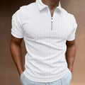 Detail van wit heren poloshirt met verticale streeptestuur en zilveren metalen rits - S / Wit