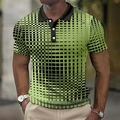 Close-up of green and black geometric grid gradient pattern on men's polo shirt - S / Tops / Green