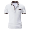 Polo blanco para hombre con elegantes detalles de cuadros en cuello y bolsillo - S / Blanco