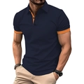 Slim fit dark blue polo shirt for men with vibrant orange collar and sleeve accents - S / Navy Blue