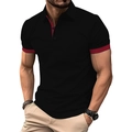 Close-up of black men's Polo shirt with burgundy contrast collar and cuff details - S / Black