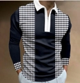 Polo homme à manches longues bleu marine avec empiècements pied-de-poule et zip - S / Hauts / Patchwork Pied-de-poule Marine et Blanc (PLLC-65)